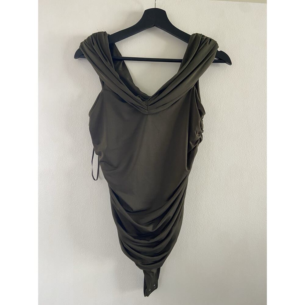 Women's Express Body Contour Bodysuit Olive Green NWT Side Rouching Off Shoulder